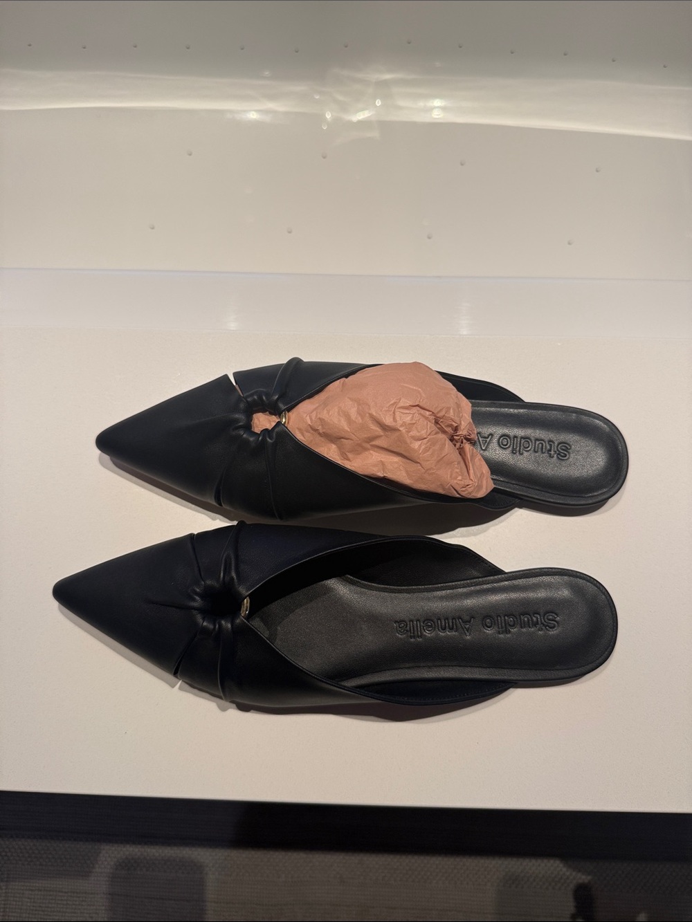 STUDIO AMELIA Black Pointed Knot-Detail Slip-On Mules